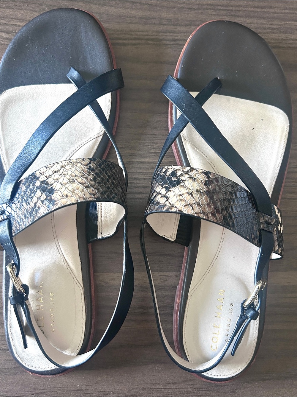Cole Haan Anica Lux Grand.360 Black Taupe Snake Print Leather Sandals Size 10